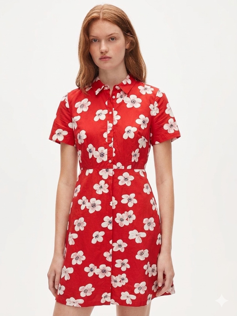 JCREW Women’s Cherry Blossom Print Short Sleeve Button Down Dress - Red, Sz 8